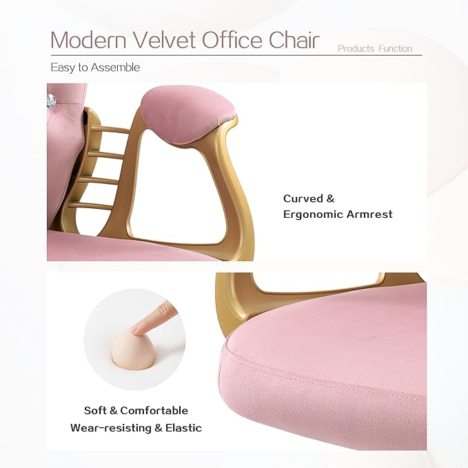 Velvet Home Office Desk Chair Comfy with Gold Legs and Arms, Comfortable Makeup Vanity Chair with Back and Wheels, Button Tufted Armchair Swivel Rolling Study Chair for Girls Women,Pink