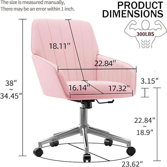 YISHENG Velvet Office Desk Chair with Silver Base, with Wheels,Modern Height Adjustable 360 Degree Swivel Upholstered Vanity Chairs with Arms for Living Room Bedroom,Pink