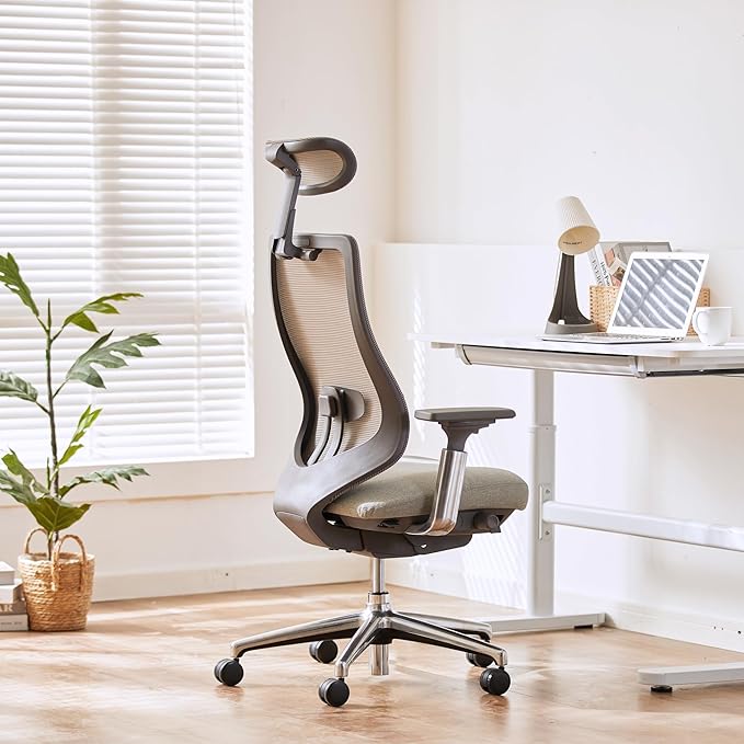 COLAMY Ergonomic Mesh Office Chair, High Back Computer Executive Desk Chair with Adjustable Headrest and 4D Arms, Slide Seat, Tilt Lock-Light Grey