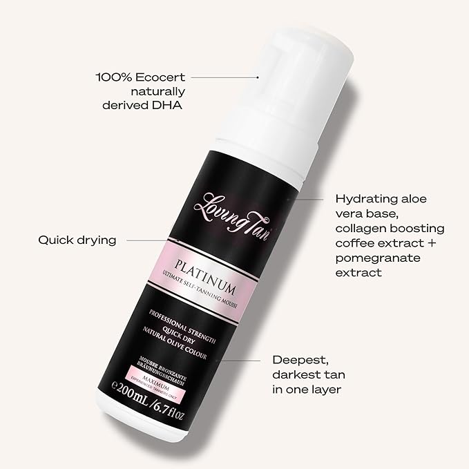 Loving Tan Platinum Self Tanning Mousse, Dark - Streak Free, Natural Looking, Professional Quality Sunless Tanner- 10+ Self Tan Applications per Bottle, Cruelty Free, Naturally Derived DHA- 6.7 Fl Oz