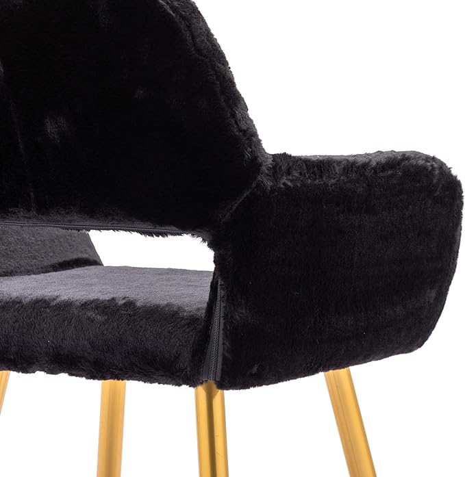 KCC Furry Desk Chair Set of 2, Mid-Century Modern Accent Faux Fur Chair for Teen Girls, Comfy Armchair with Wood Look Metal Legs for Living Dining Room, Home Vanity Makeup Office Desk Chairs No Wheel