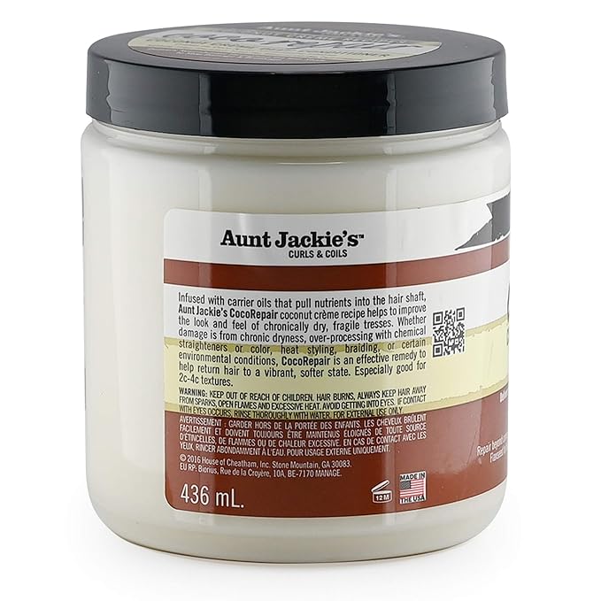 Aunt Jackie's Coconut Crème Recipes Coco Repair Deep Hair Conditioner, Delivers Nourishment, Stops Damage, Breakage for Natural Curls, 15 oz