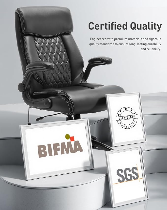 500LBS Big and Tall Office Chair, Heavy Duty Office Desk Chair with Padded Flip-Up Arms, Adjustable Lumbar Support & Tilt Lock, High Back Ergonomic Executive Computer Chair for Work & Study, Black