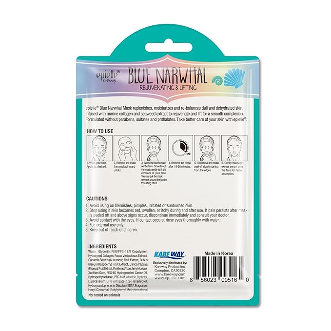 Epielle Character Face Mask Blue Narwhal 6 Pack, Fun & Effective Korean Skin Care, Spa Party Favors, Stocking Stuffers, Birthday Gifts for Women, Self Care Gifts