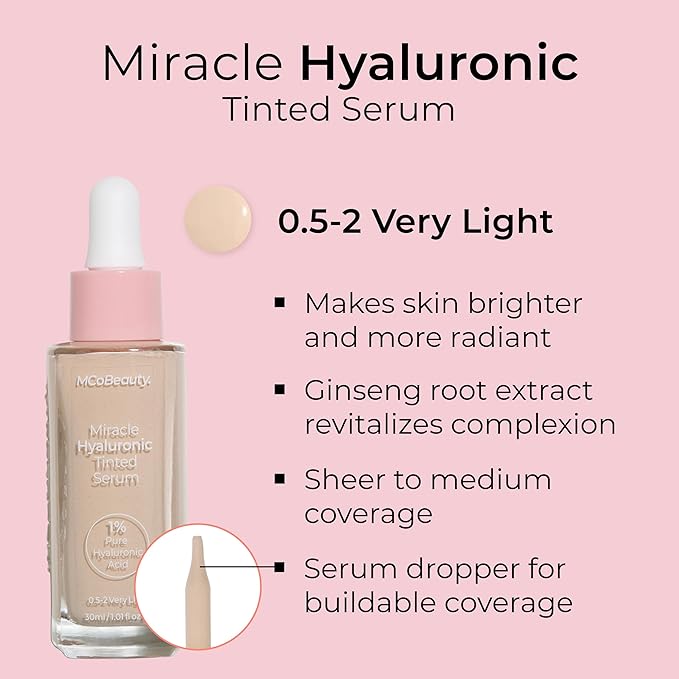 MCoBeauty Miracle Hyaluronic Tinted Serum 0.5-2 Very Light - Hydrating Skin Tint Foundation with Hyaluronic Acid Ginseng - Buildable Sheer to Medium Coverage Dewy Finish - Vegan Cruelty Free Makeup