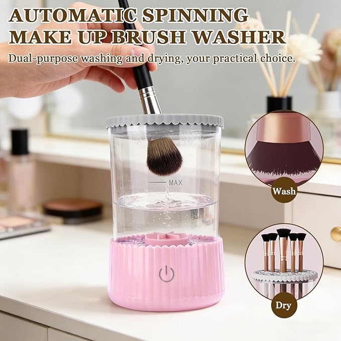 Electric Makeup Brush Cleaner Machine, 2026 New Automatic Spinning Make Up Brush Washer, Makeup Brushes Cleanser with blue ligh for All Size Beauty Makeup Brushes (Pink)