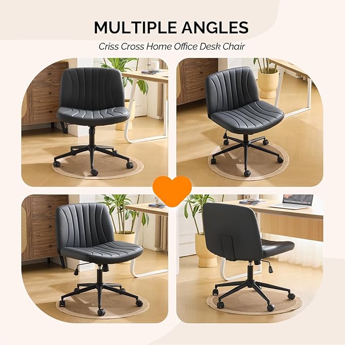 VINGLI Criss Cross Legged Chair,Wide Comfy Office Desk Chair,Dual-Use with/no Wheels Computer Task Chair,Swivel Armless Vanity Rolling Chair for Study,Make Up,Home Office,Cat Scratch PU Leather,Black