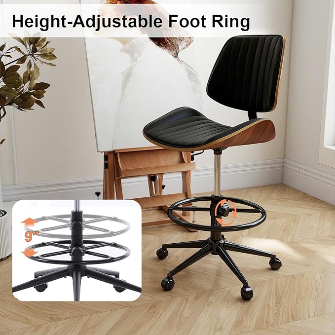 Drafting Chair, Ergonomic Office Chair with Walnut Wood Back Support, Armless PU Leather Desk Chair with Height-Adjustable, Thick Cushion for Home, Bar, Drafting, Office (Black)