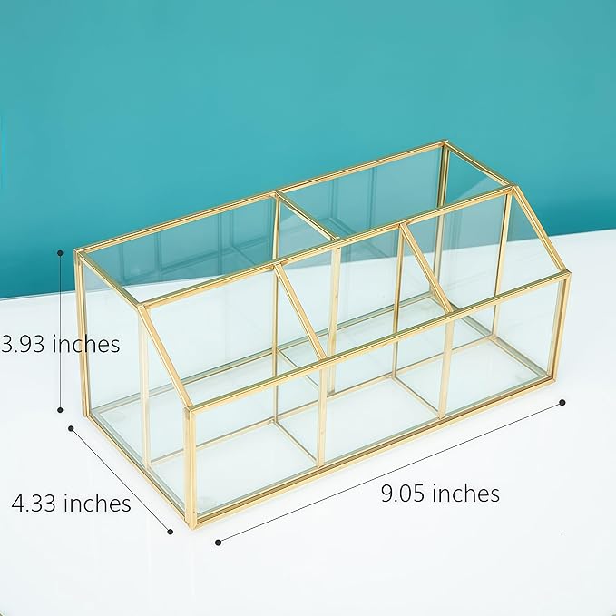JIARI Gold 5-Compartment Desktop Organizer, Transparent Glass Makeup Brush Holder, 9.05x4.33x3.93 Inches Storage for Home Office and School Items (Gold-5 Slot)