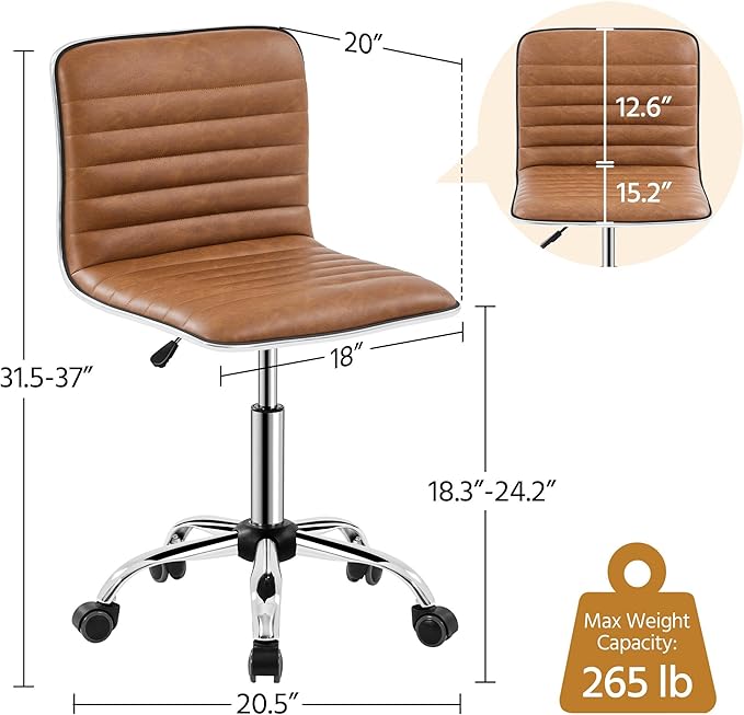 Yaheetech Low Back PU Leather Ribbed Armless Office Chair, Ergonomic Swivel Computer Task Chair with Wheels for Office, Home