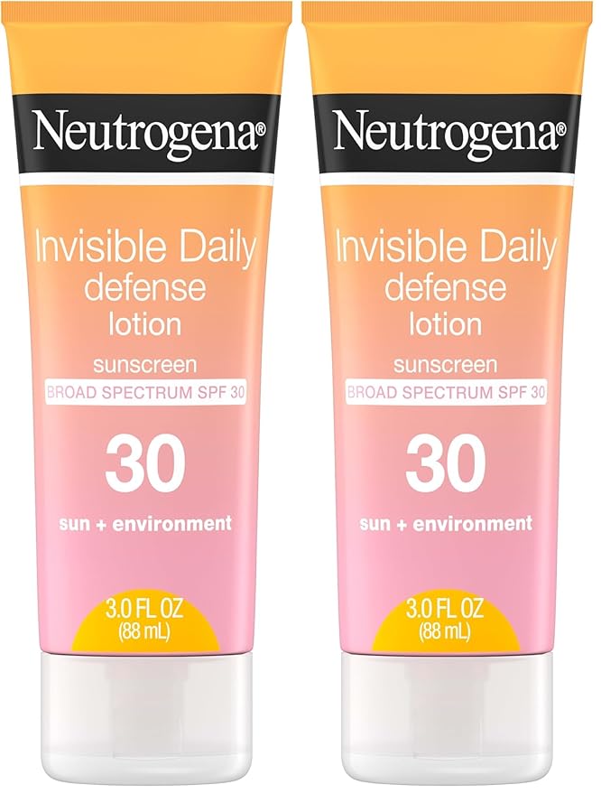Neutrogena Invisible Daily Defense Sunscreen Lotion, Broad Spectrum SPF 30, Oxybenzone-Free & Water-Resistant, Sun & Environmental Aggressor Protection, Antioxidant Complex, 3.0 fl. oz (Pack of 2)