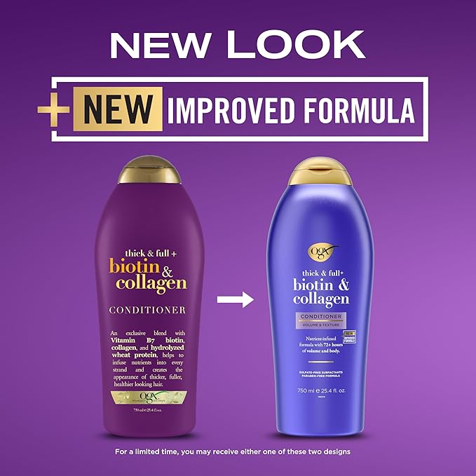 OGX Thick & Full + Biotin & Collagen Volumizing Conditioner, Nutrient-Infused Conditioner + Vitamin B7 Biotin Gives Hair Volume & Body for 72+ Hours, Sulfate-Free Surfactants, 25.4 fl. oz (Pack of 2)