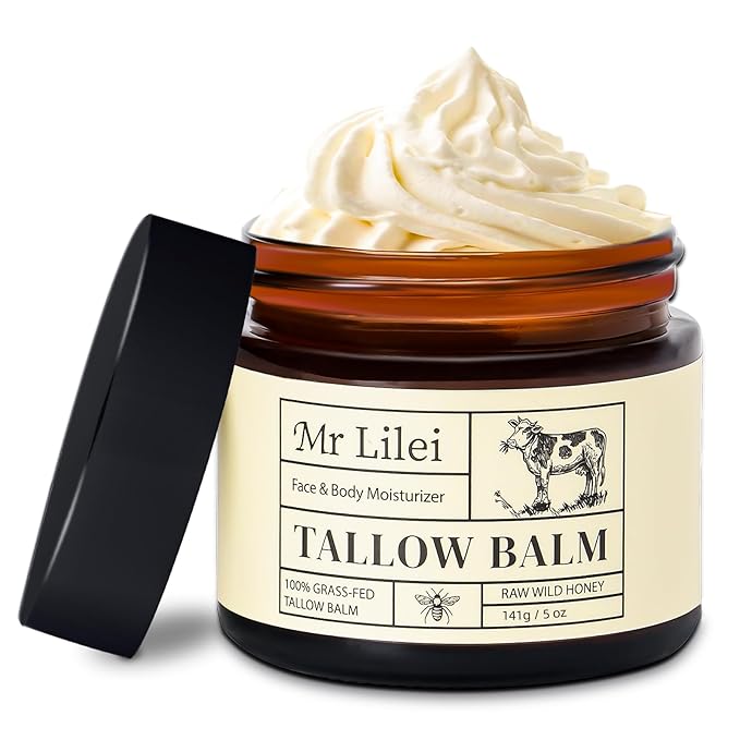 Beef Tallow for Skin - 100% Grass Fed Whipped Tallow and Honey Balm - Unscented, Non-Greasy Daily Face Moisturizer & Body Butter for Dry Sensitive Skin (5oz)