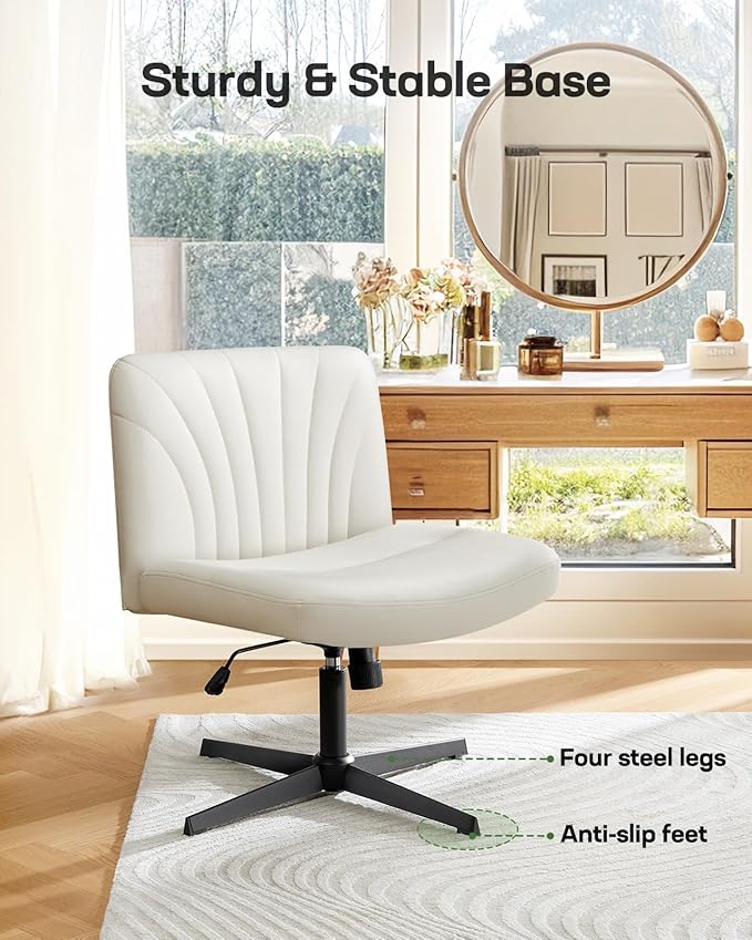 Marsail Cross Legged Office Chair: PU Leather Criss Cross Desk Chair Wide Armless Desk Chair Swivel Height Adjustable Vanity Chair for Make Up,Small Space,Bed Room(Beige)