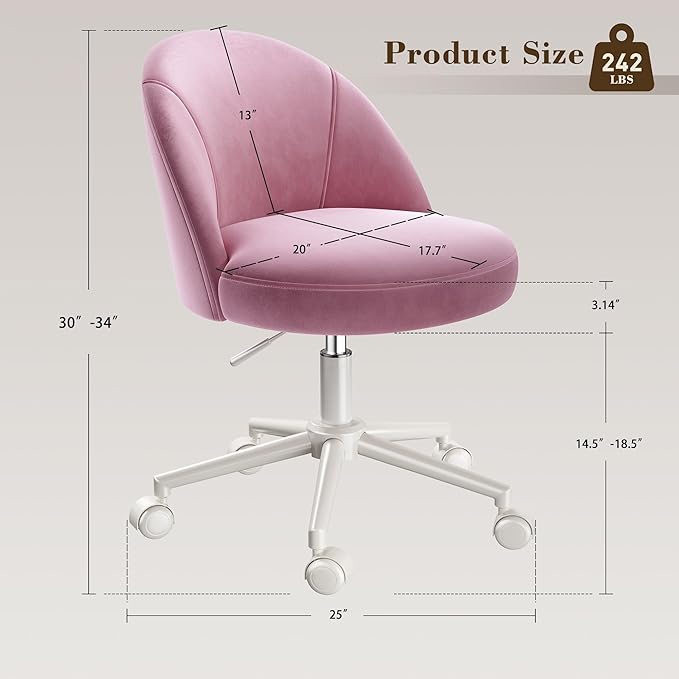 EnHomee Vanity Chair with Wheels, Comfy Office Chair with Back, Cute Desk Chair for Bedroom, Home Office, Makeup Room,Armless,Gentle Pink