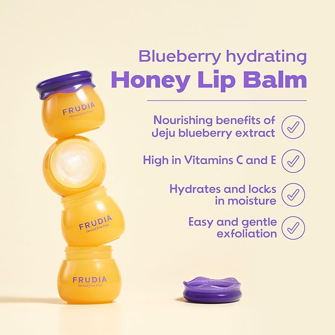 FRUDIA Blueberry Honey Lip Balm, Exfoliating & Moisturizing Dewy Korean Lip Balm for Dry Lips made with Jeju Blueberry & Honey Extracts for Soft, Plump Lips (0.33 fl oz)