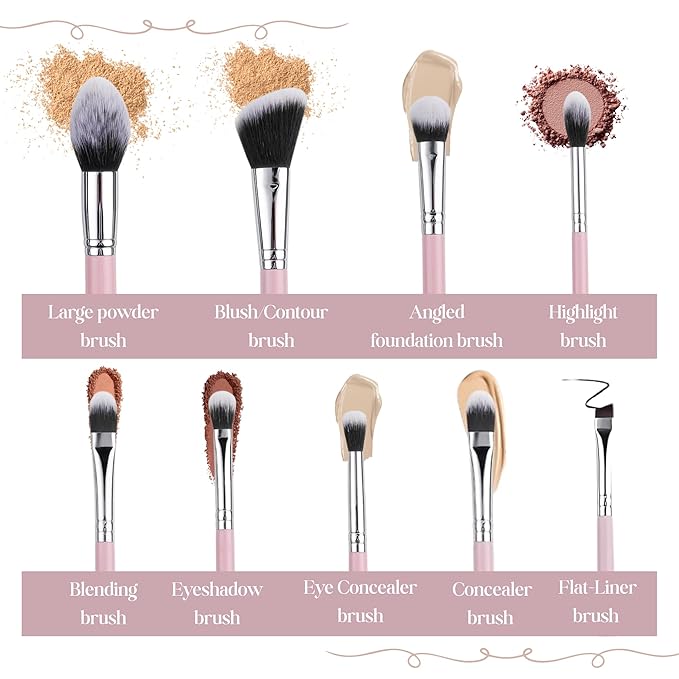 Makeup Brush Set (9 Pieces) - Includes Foundation, Powder, Concealers, Highlighter, Contour, Eye Shadows & Blush Brushes - Face & Eye Make Up Brushes with Synthetic Bristles - Leather Case Included