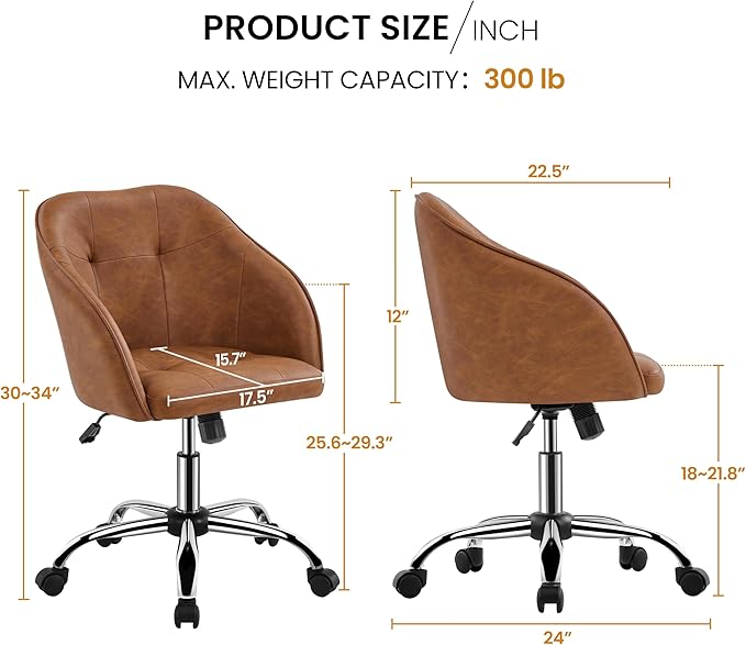 Yaheetech Home Office Desk Chair Vanity Chair with Back Small Leather Computer Chair with Swivel Wheels Modern Accent Armchair for Office Bedroom Retro Brown
