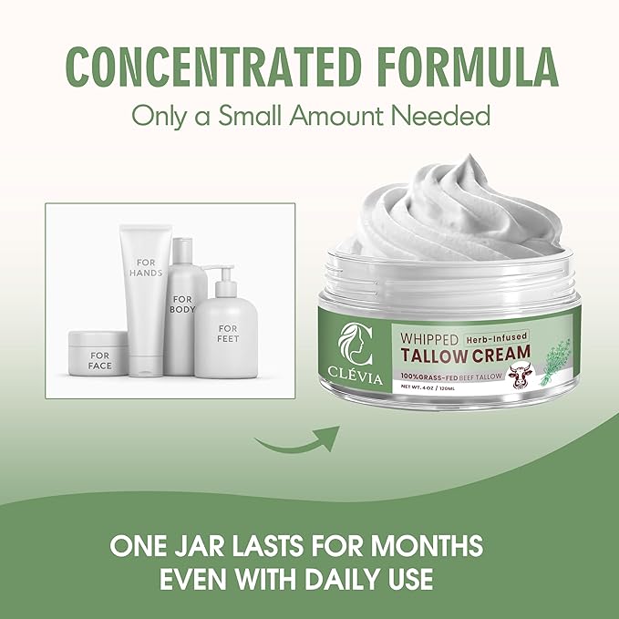 100% Grass-Fed Whipped Tallow Cream - 4 OZ Anti-Wrinkle Face+Body Balm – Organic Beef Tallow with Jojoba Oil – Deep Hydration for Dry, Sensitive & Irritated Skin (Herb-Infused)