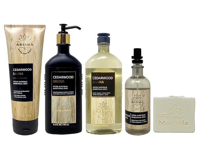 Bath & Body Works Aroma Cedarwood Sauna Deluxe Value Pack with a Natural Oats Bar Soap - Body Cream - Body Lotion - Body Wash + Foam Bath and Essential Oil Mist - Full Size