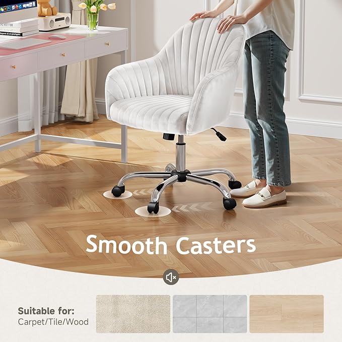 Warmiehomy Velvet Desk Chair for Home Office, Modern Adjustable Swivel Task Chair, Women Vanity Chairs with Arm Rest for Bedroom Dressing Room, White