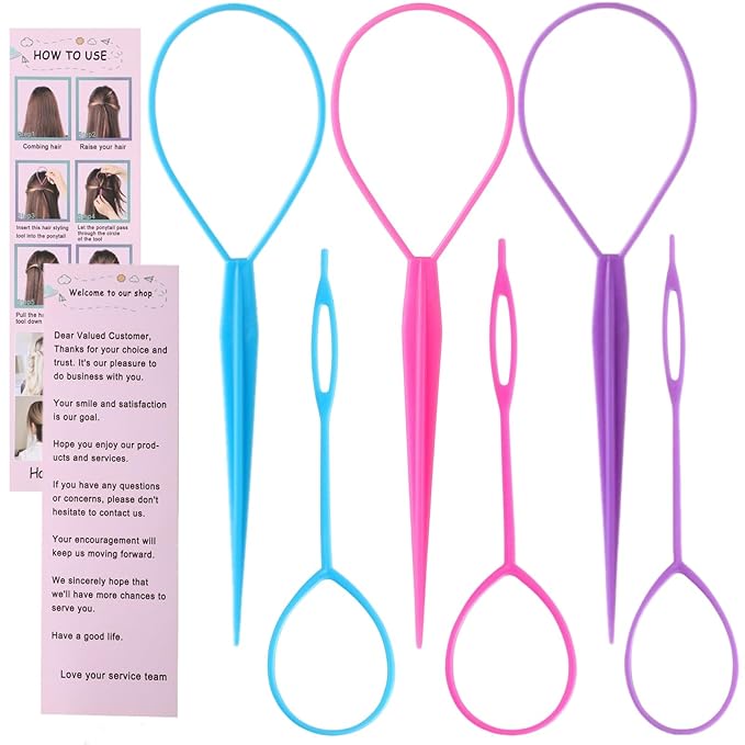 Topsy Tail Hair Tool Set - 6pcs Loop Styling Tool, Ponytail Pull Through, Two Sizes, 3 Colors (Pink/Purple/Blue) for Women, Girls & Kids