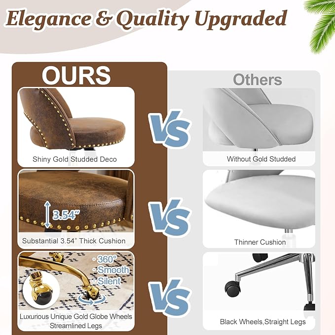 VINGLI Modern Velvet Small Office Chair,Cute Desk Chair with Wheels,Gold Base/Studs, Comfy Armless Swivel Vanity Task Chair for Women/Girl/Kids, Nail Tech Chair for Bedroom,Small Space,Rustic
