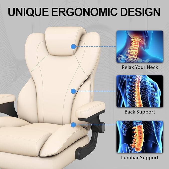Hovos Office Chair, Ergonomic Big and Tall Desk Leather Chair with Padded Flip-up Arms, Adjustable Tilt Lock, Heavy Duty Swivel Rolling Computer Chair for Home Office, Beige