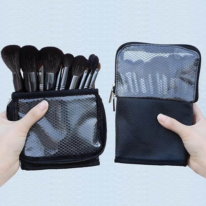 MOND'SUB Makeup Brush Organizer Bag, Makeup Brush Case Travel Makeup Brush Holder Large Professional Cosmetic Bag Artist Storage Bag Essentials Stand-up Foldable Makeup Cup Waterproof （Black, Large）