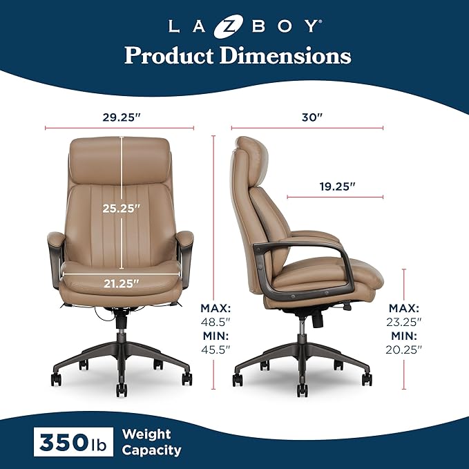 La-Z-Boy Nova Executive Office Chair - Ergonomic High Back Desk Chair with AIR Lumbar Support - Comfortable Computer Chair for Home Office - Vegan Leather - Light Tan