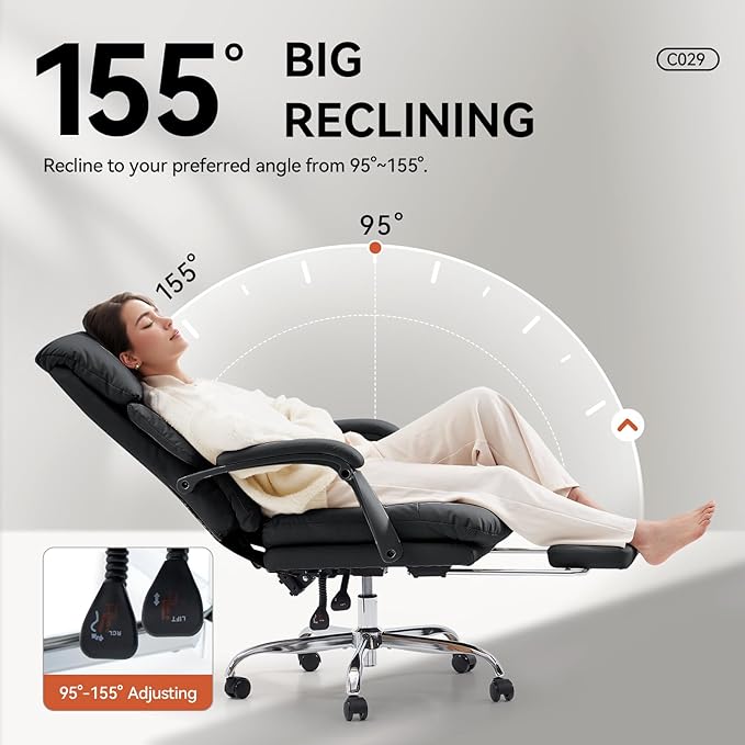 EMIAH Office Chair with Foot Rest, Ergonomic Executive Office Chair with Arms, Reclining High Back PU Leather Comfy Swivel Computer Desk Chairs with Wheels and Lumbar Support for Home Office, Black