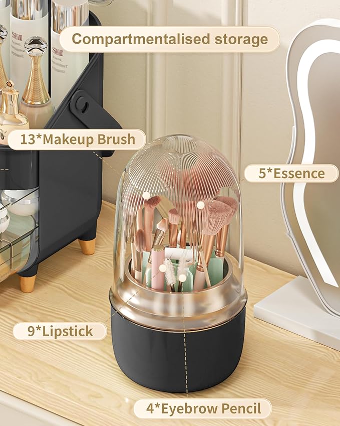 Makeup Brush Holder 360 Rotating, [Upgrade & with Cover] Makeup Brush Organizer for Vanity Countertop Bathroom (Black)