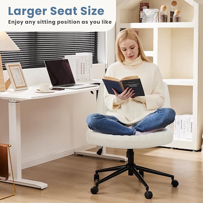 DUMOS Criss Cross Chair with Wheels, Wide Cross Legged Office Desk Vanity Chairs, Fabric Armless Adjustable Swivel Chairs for Home Computer Task, Beige