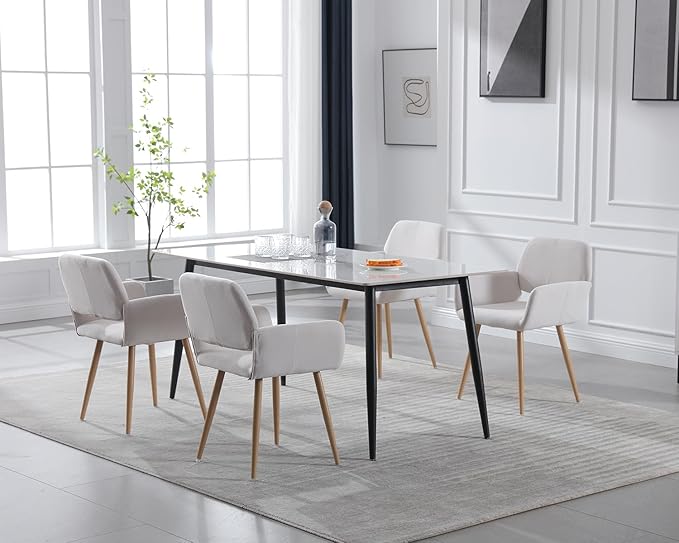 KCC Small Modern Dining Room Arm Chairs Set of 2, Mid-Century Upholstered Velvet Side Seat Club Guest with Metal Tube Legs for Kitchen, Living Room, Beige