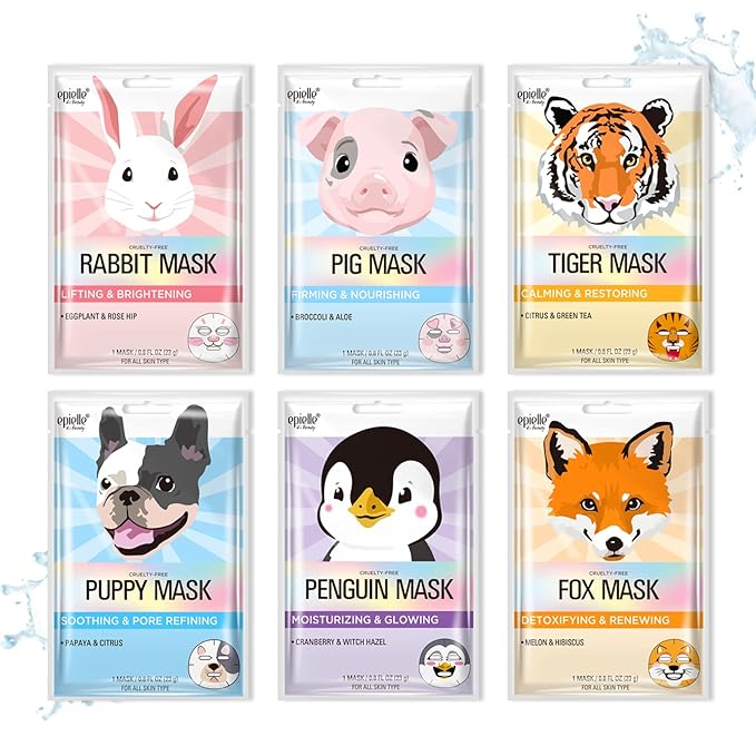 Epielle Character Face Mask Fuzzy Friends 6 Pack, Fun & Effective Korean Skin Care, Spa Party Favors, Easter Basket Stuffers, Birthday Gifts for Women, Self Care Gifts