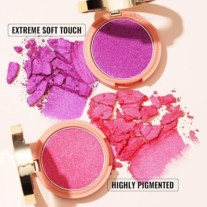 OULAC Pink Lumious Blush Makeup| 2 in 1 Powdery Blush&Highlighter| Shimmer Metallic Glow| Shape&Highlight Face| Cruelty-Free & Highlight Bling| F06 Pinky Ice