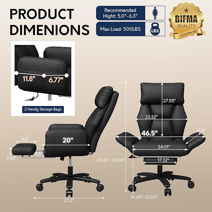 Cross Legged Office Chair with Pets Friendly Arms, Plus Size Criss Cross Desk Chair, Big and Tall Office Chair with Foot Rest, Reversible Armrests & Wide Seat, Black