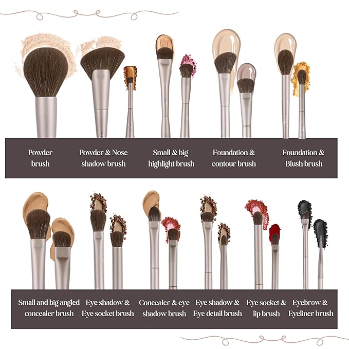 Double Ended Makeup Brush Set (11 Pieces) - Includes Foundation, Powder, Concealer, Highlighter, Contour, Eye Shadow & Blush Brushes - Face & Eye Make Up Brush with Synthetic Bristles