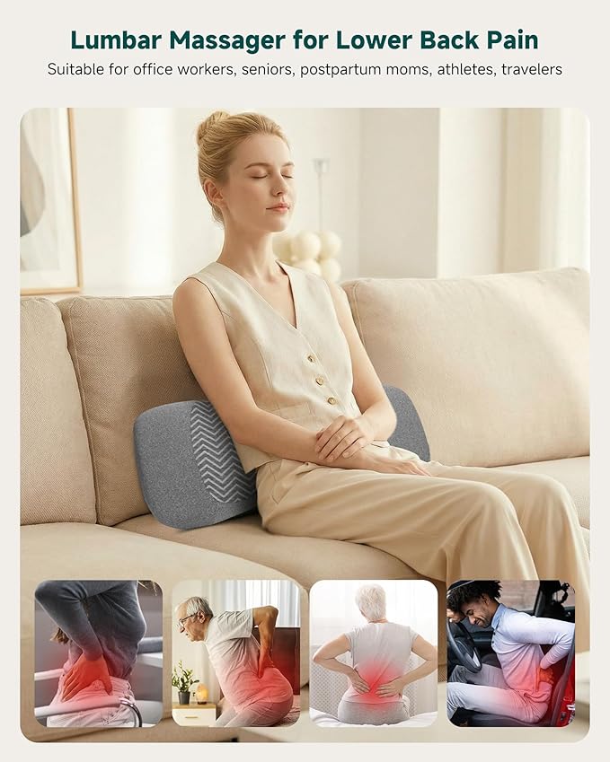 3-in-1 Rechargeable Electric Lumbar Support Pillow, Triple Support Air Lift Back Massager with Heat & Vibration, Adjustable Height Wide Waist Cushion for Bed & Chair, Smooth Spine Comfort Design