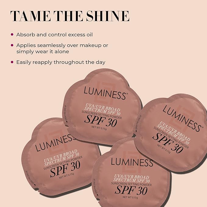 LUMINESS Sunscreen Setting Powder Packets, SPF 30, 18 Pack - UVA/UVB Broad Spectrum Protection - Non-Greasy & Non-Irritating for All Skin Types - Travel-Friendly Single-Use & Portable Packets