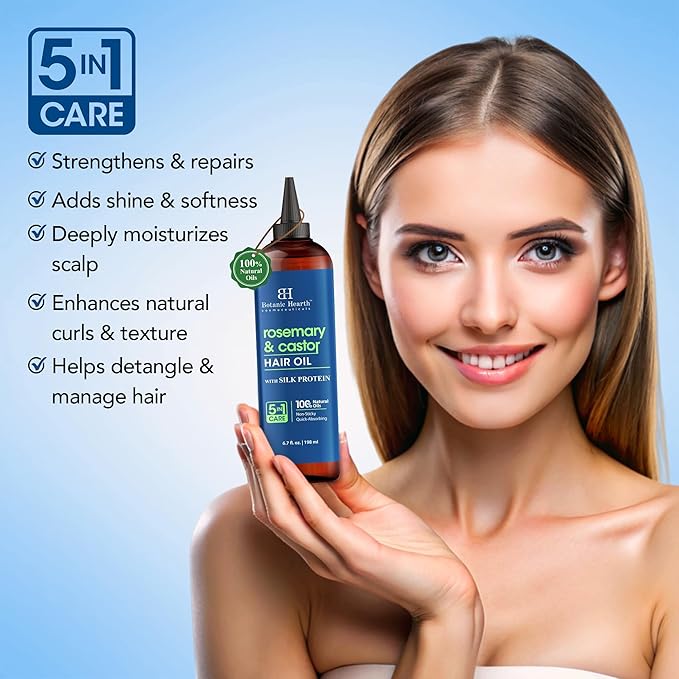Botanic Hearth 100% Pure Rosemary Castor Oil For Hair Growth & Hair Treatment Oils 6.7 Fl Oz | Infused with coconut Oil | Hair Oil Repairs Dry Damaged Hair, Strengthening, Healthier | All Hair Types