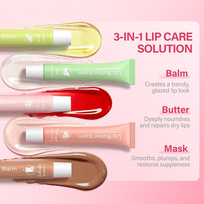 Glossy Lip Balm & Lip Gloss Set– Hydrating Lip Butter Balms For Smooth, Soft Lips – Nourishing, Long-Lasting Moisture – Vanilla, Coffee, Mint, Berry & Pink Sugar,Women's Day Gifts For Women