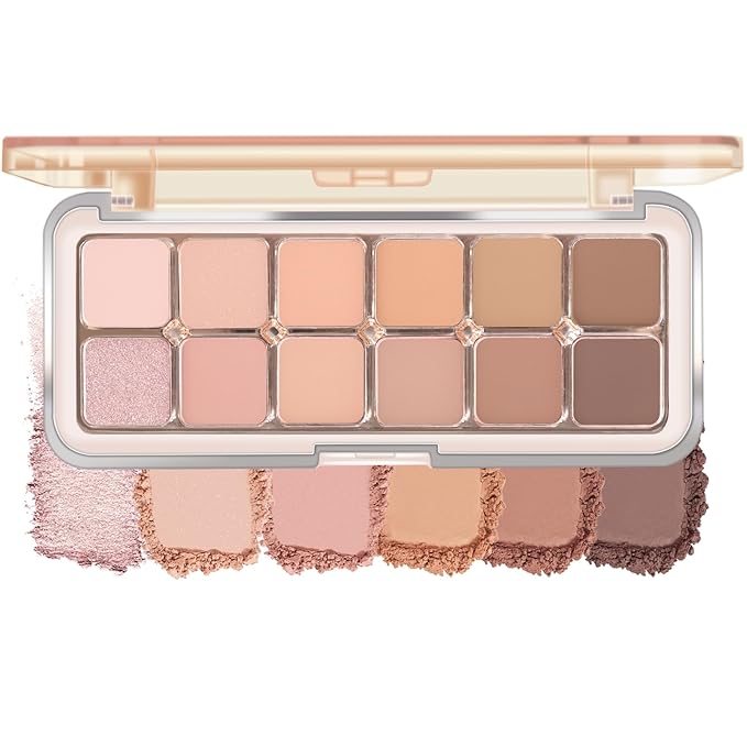 KYDA 12 Colors Netural Nude Eyeshadow Palette with Brush, High Pigment Matte Shimmer Brown Eye Shadow, Netural Eyes Palette for Women, Soft Blendable Powder Eyeshadow, Korean Eyes Makeup