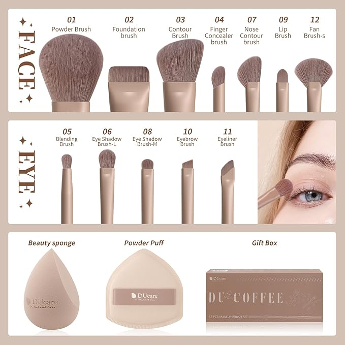 DUcare 14pcs Makeup Gift Set,12Pcs Coffee Series Makeup Brush set with 2pcs Makeup Sponges Foundation Blending Face Powder Blush Eye Shadows Brushes