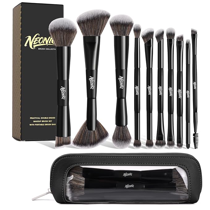10 PCS Travel Makeup Brush Set With Bag, Makeup Brushes, Double-End Multi-functional Brushes for Foundation Powder Blush Eyeliner Eyeshadows, Professional Face Brush Set（Black）