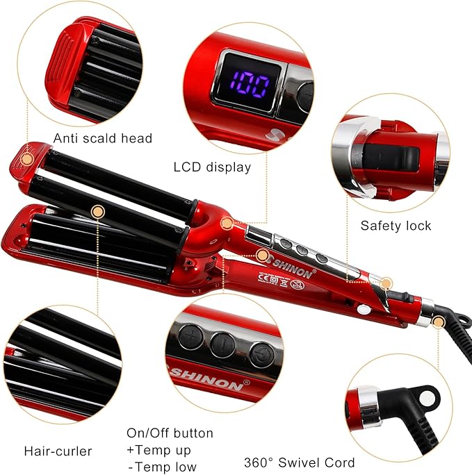 Ceramic Hair Crimper Iron Hair Waver 3 Barrel 0.6 inch / 16mm Perm Instant Curls Crimping Curling Iron Valentines Day Gifts for Women Professional Crimping Iron