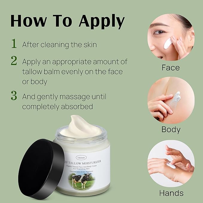 Beef Tallow Moisturizer,Beef Tallow for Skin,Organic Grass Fed Beef Tallow with Raw Honey Moisturizing Cream, Whole Body & Face Moisturizer（4oz）