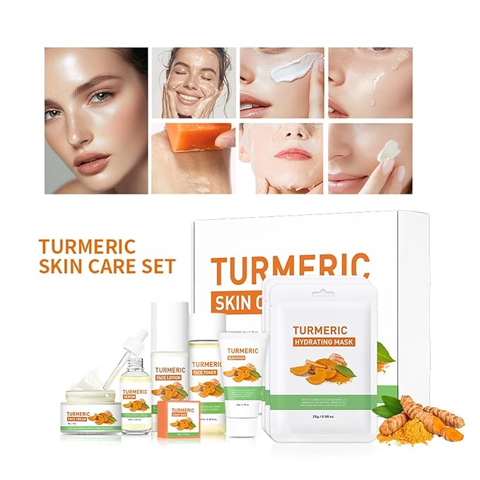 Turmeric Skin Care Set, 9 Pcs Turmeric Skin Care Kit with 3 Sheet Masks, Soap Bar, Face Wash, Toner, Serum, Face Moisturizer Cream, Face Lotion, Reduce Acne, Christmas Gifts for Women Girls