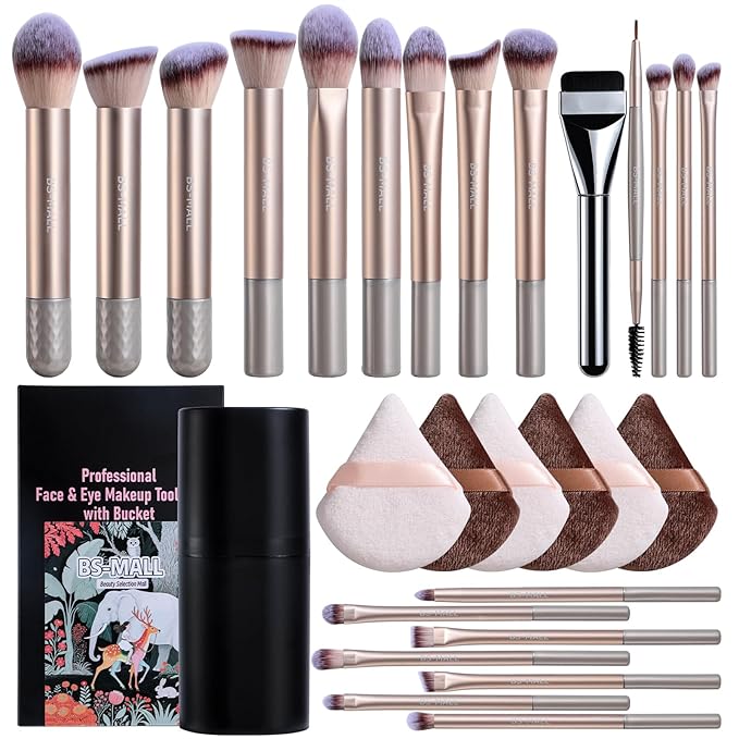 BS-MALL 21 Pcs Professional makeup brush set with foundation brush for liquid Makeup, eyeshadow Brush, concealer brush - Includes 6 Triangle Puffs & case for Even, Multi-purpose application (Golden)