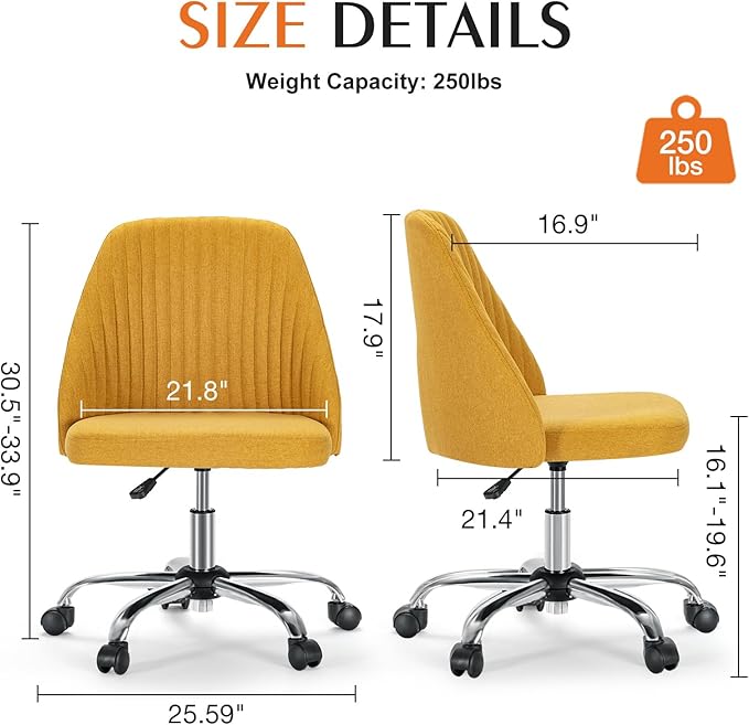 Sweetcrispy Armless Vanity Chair, Cute Comfy Home Office Desk Chair with Wheels, Modern Upholstered Task Computer Seat for Bedroom, Study, Makeup Vanity, Height Adjustable & Swivel, Yellow